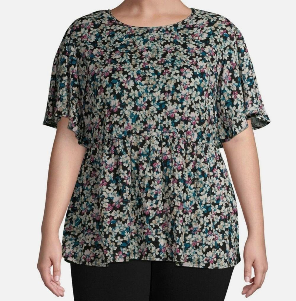 Terra Sky Black Ditsy Floral Babydoll Peplum Top Flutter Sleeve Plus Size 3X